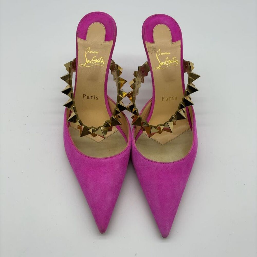 Christian Louboutin Pink Suede Pointed Toe Mules with Gold Spike Trim